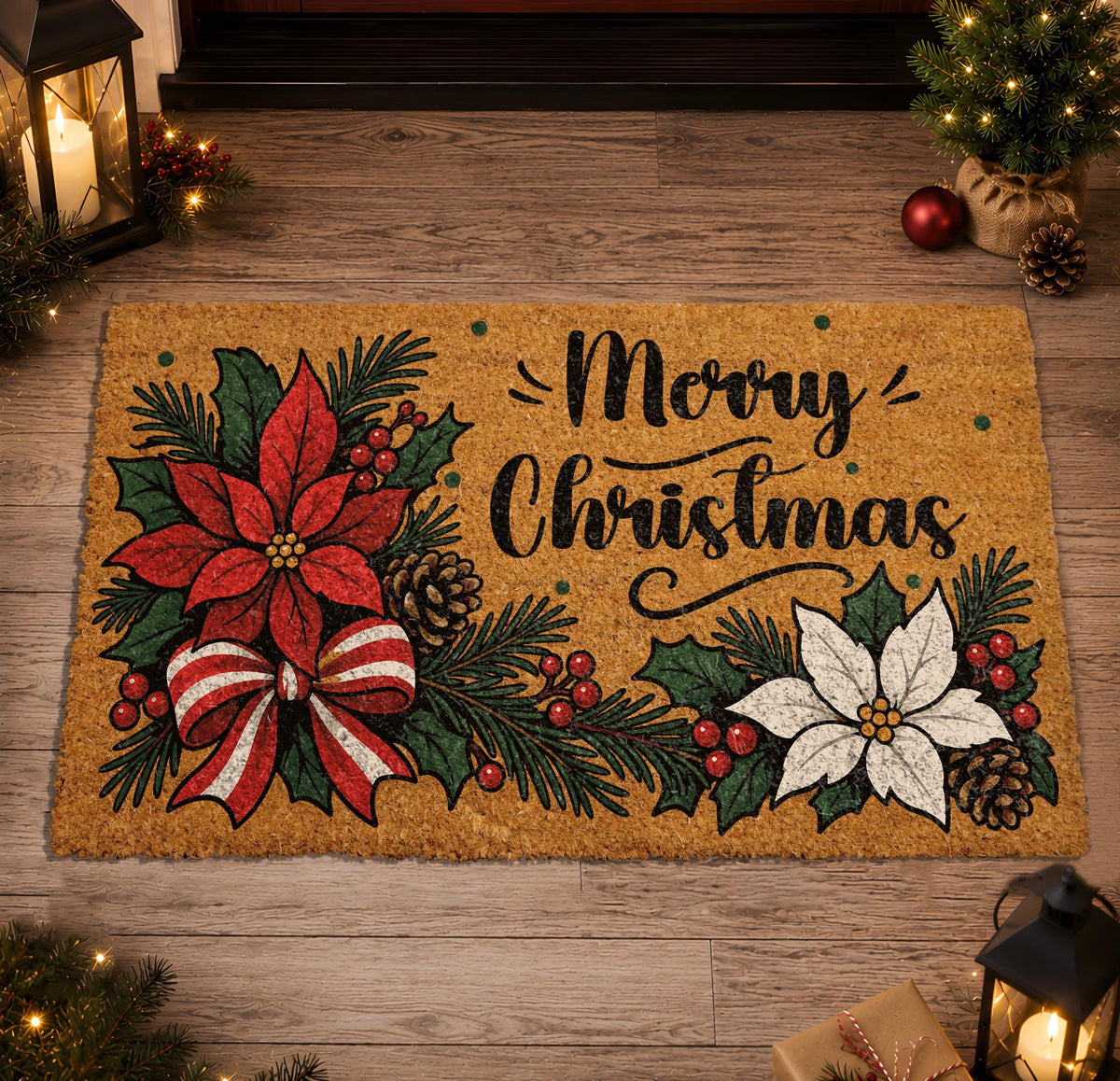 Merry Christmas Coir Doormat, Poinsettia Welcome Mat, Holiday Porch Decor