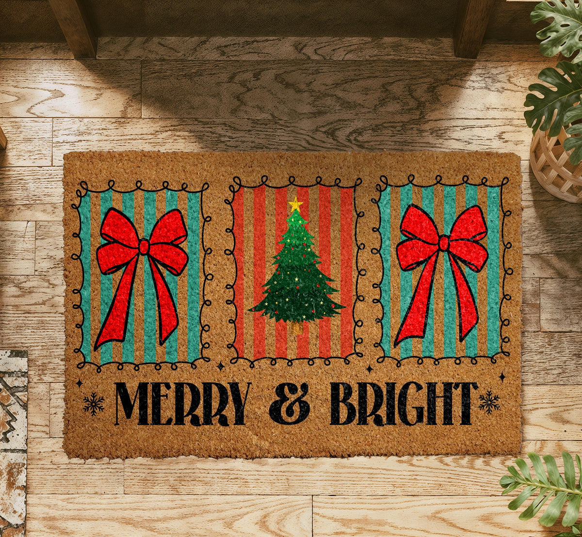 Merry & Bright Christmas Doormat, Coir Welcome Mat, Red Bow Holiday Decor