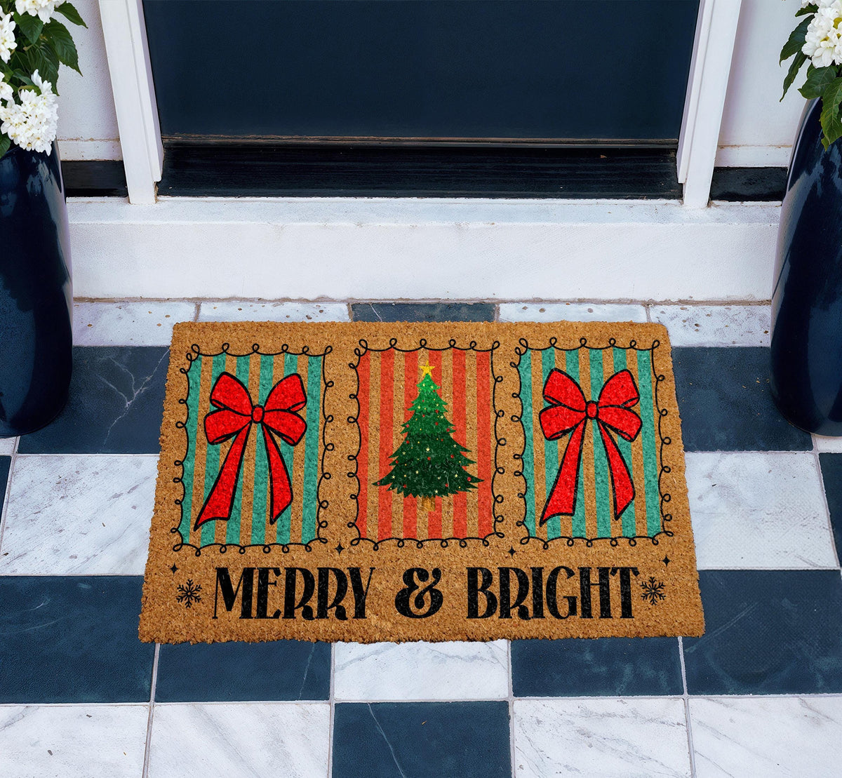 Merry & Bright Christmas Doormat, Coir Welcome Mat, Red Bow Holiday Decor
