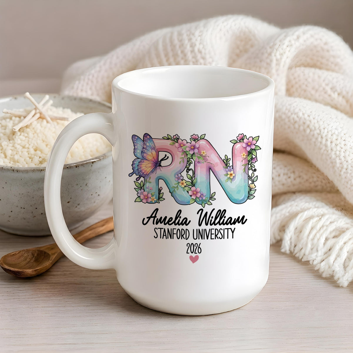 Personalized Floral RN Graduation Mug, Custom Nurse Coffee Cup, Nursing School Grad Gift