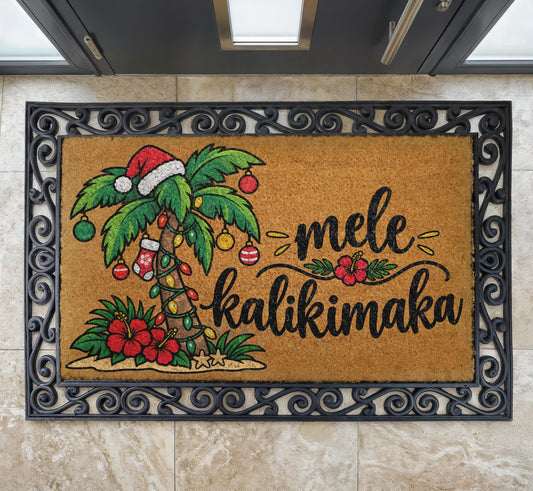 Mele Kalikimaka Doormat, Tropical Christmas Welcome Mat, Palm Tree Coir Rug