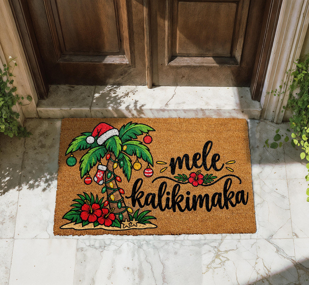 Mele Kalikimaka Doormat, Tropical Christmas Welcome Mat, Palm Tree Coir Rug