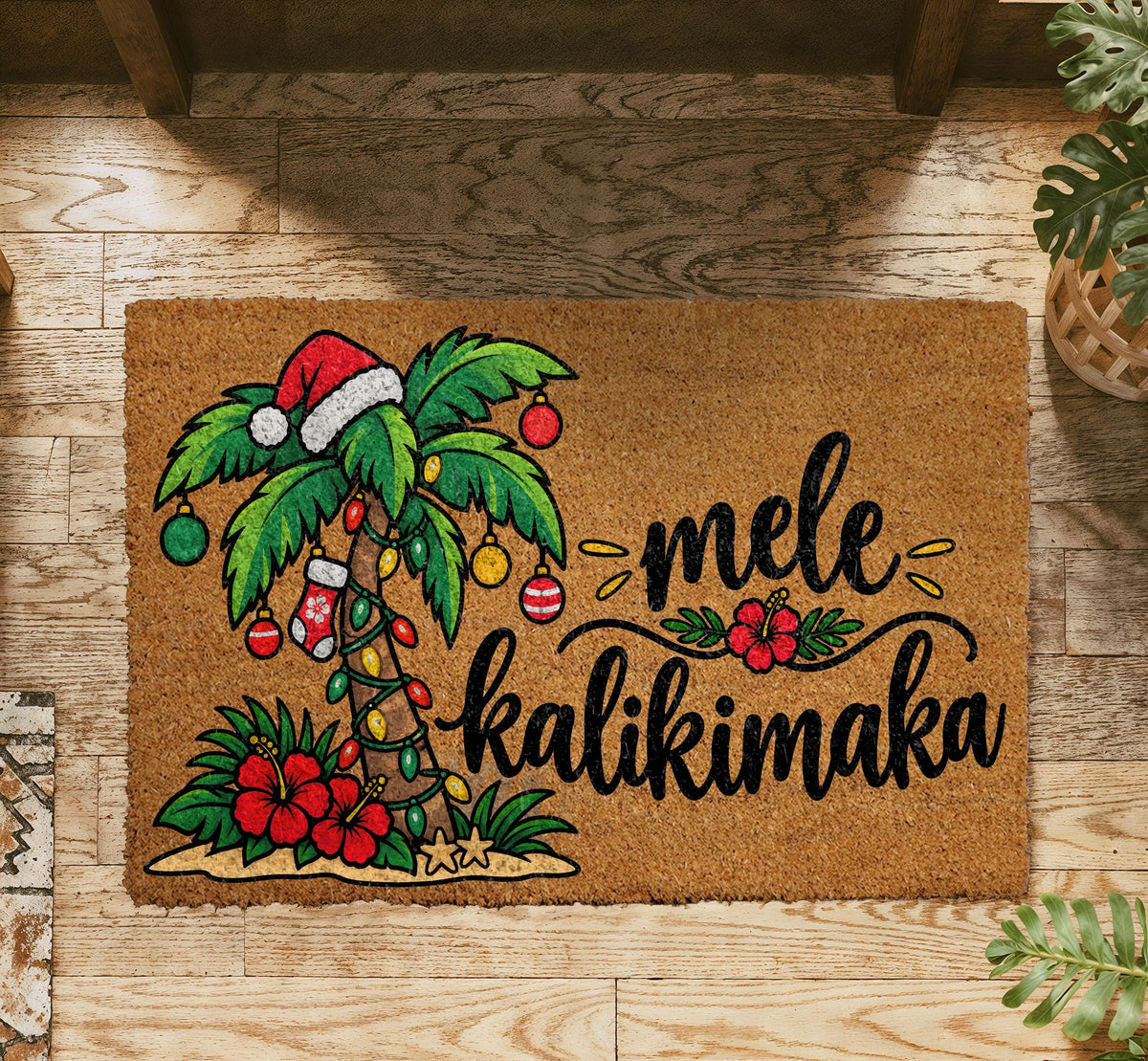 Mele Kalikimaka Doormat, Tropical Christmas Welcome Mat, Palm Tree Coir Rug