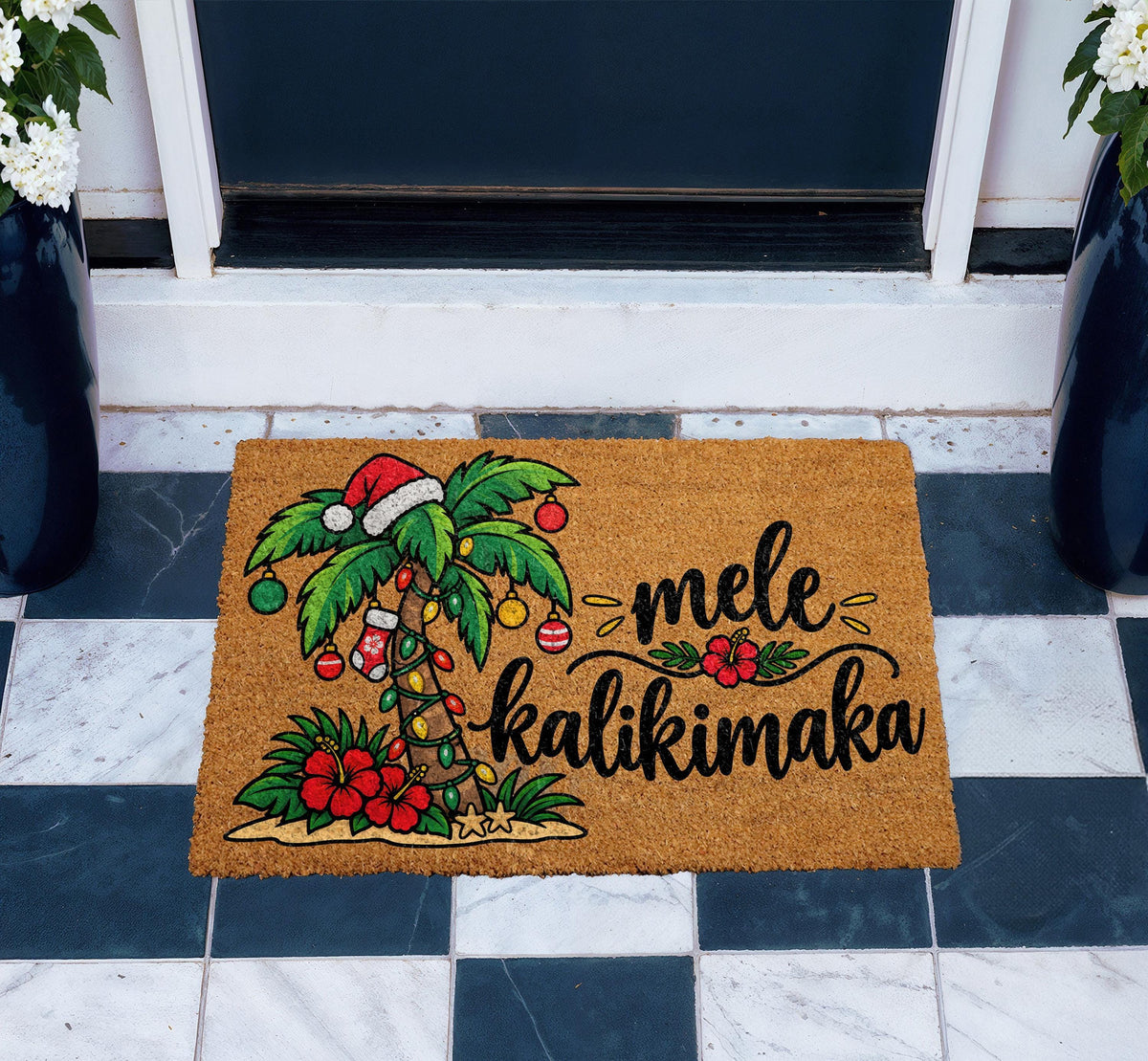 Mele Kalikimaka Doormat, Tropical Christmas Welcome Mat, Palm Tree Coir Rug