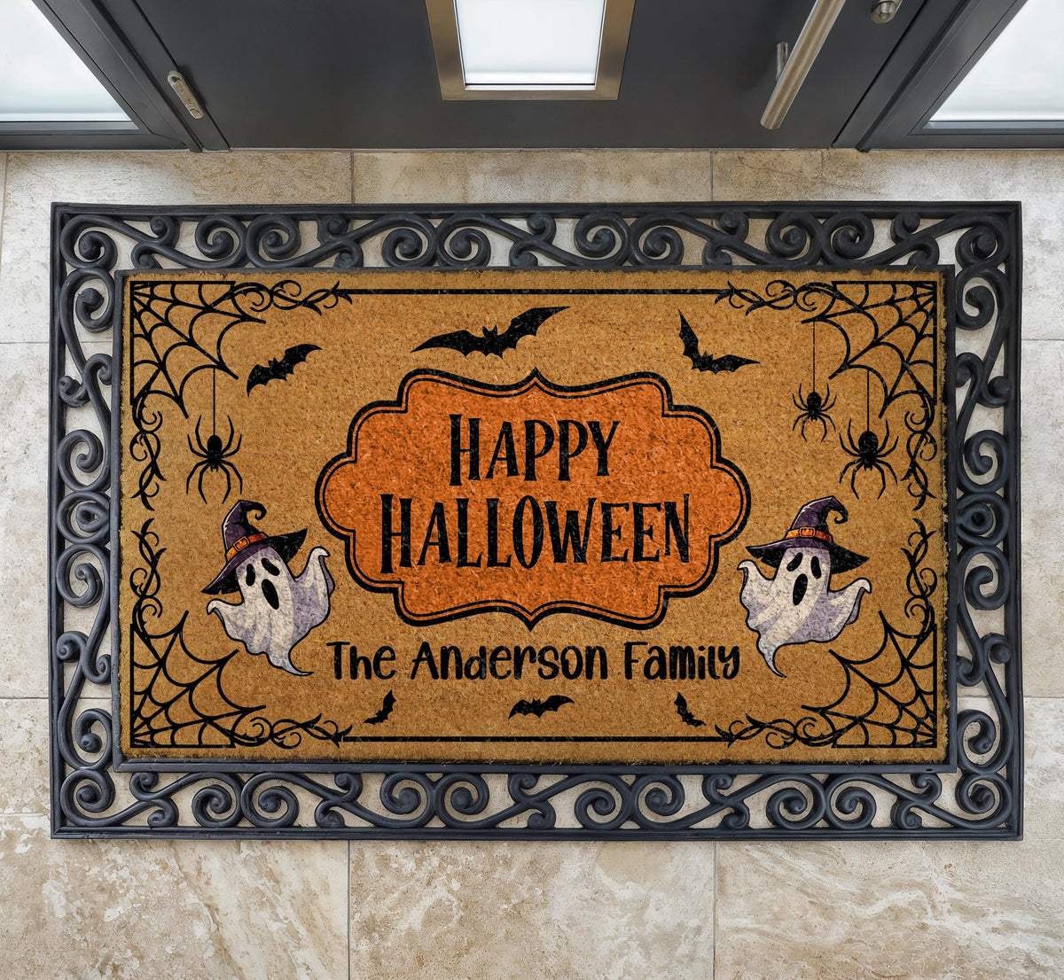 Personalized Family Name Halloween Doormat, Custom Ghost Welcome Mat (Coir)
