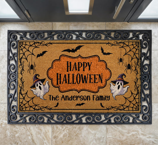 Personalized Family Name Halloween Doormat, Custom Ghost Welcome Mat (Coir)