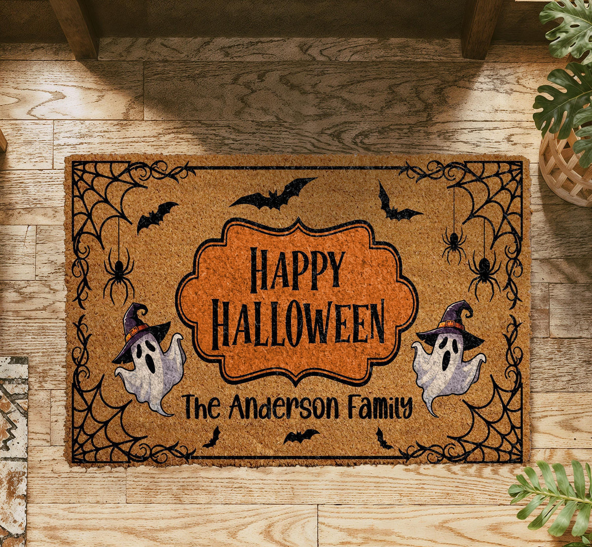 Personalized Family Name Halloween Doormat, Custom Ghost Welcome Mat (Coir)