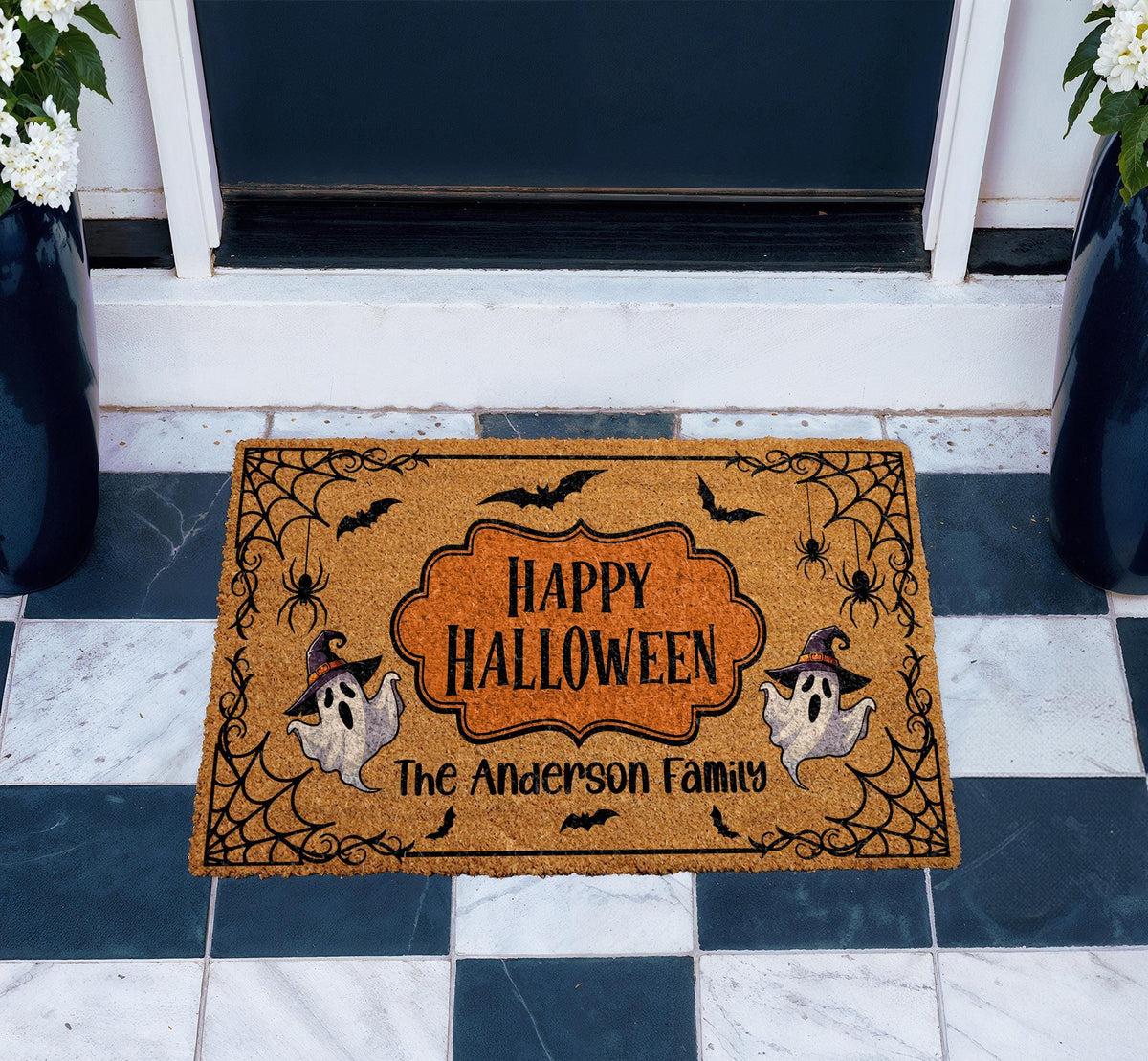Personalized Family Name Halloween Doormat, Custom Ghost Welcome Mat (Coir)