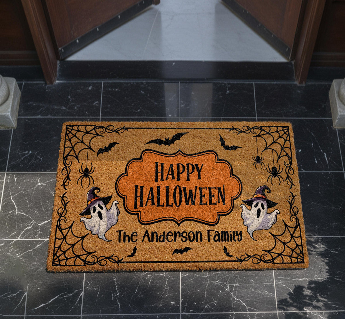Personalized Family Name Halloween Doormat, Custom Ghost Welcome Mat (Coir)