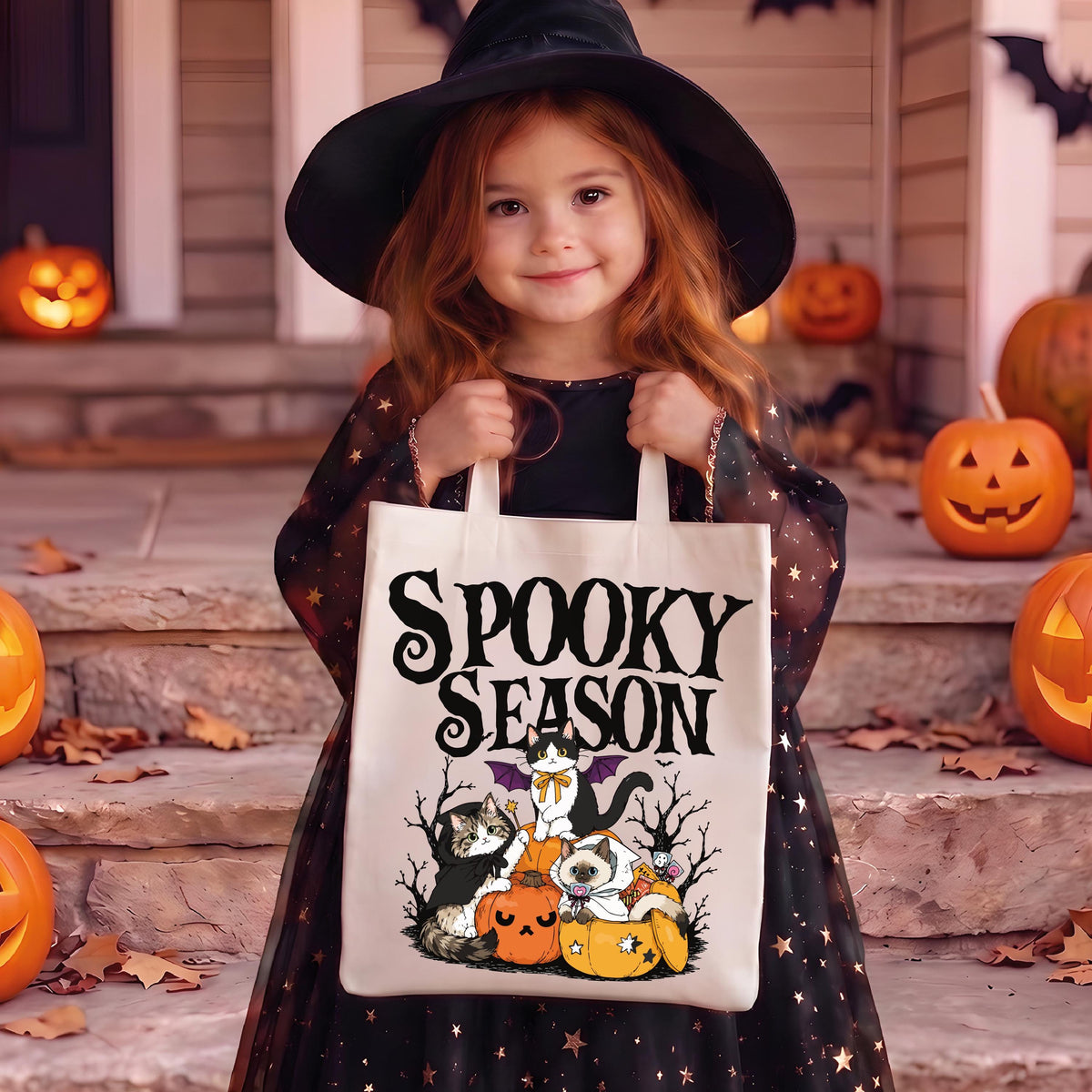 Halloween Canvas Tote Bag, Halloween Cat Spooky Season Bag, Kids Candy Bag, Custom Pet Portrait Tote, Witchy Cat Lover Fall Gift