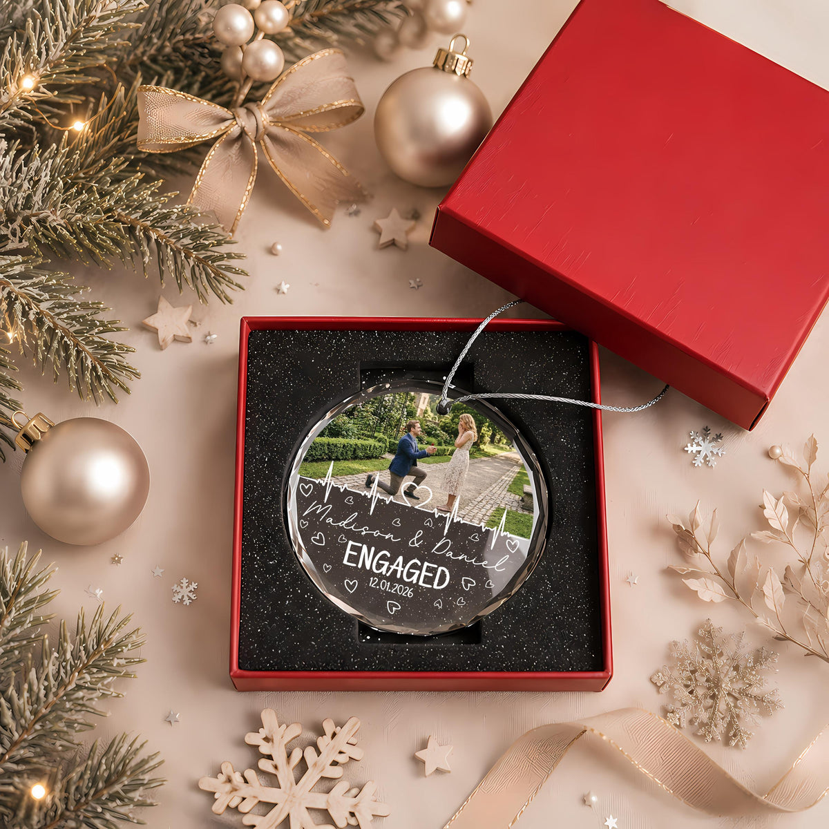 Personalized First Christmas Engaged Ornament, Custom Photo Engagement Keepsake