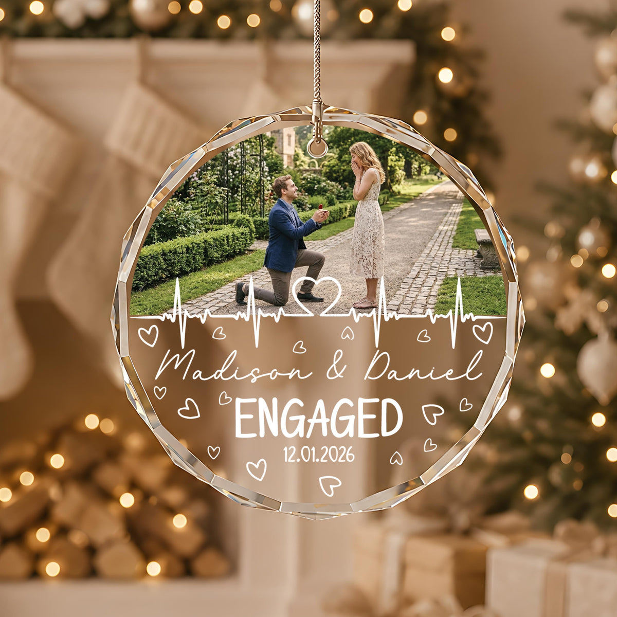 Personalized First Christmas Engaged Ornament, Custom Photo Engagement Keepsake