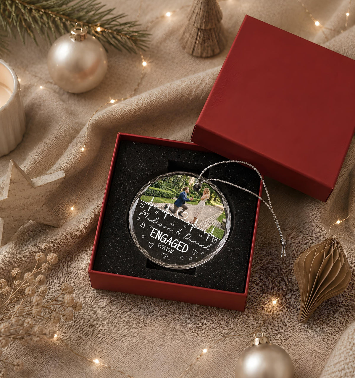 Personalized First Christmas Engaged Ornament, Custom Photo Engagement Keepsake