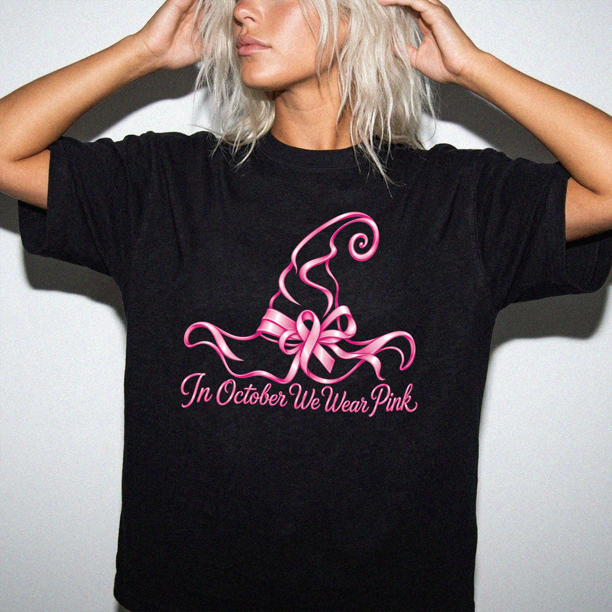 In October We Wear Pink Comfort Colors® Shirt, Halloween Breast Cancer Gift Tee, Pink Ribbon Witch Hat T-shirt
