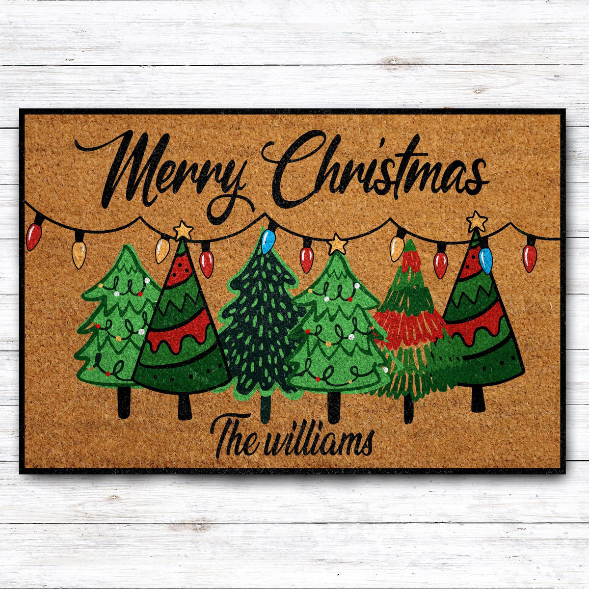 Personalized Merry Christmas Welcome Mat, Custom Family Name Christmas Trees Doormat