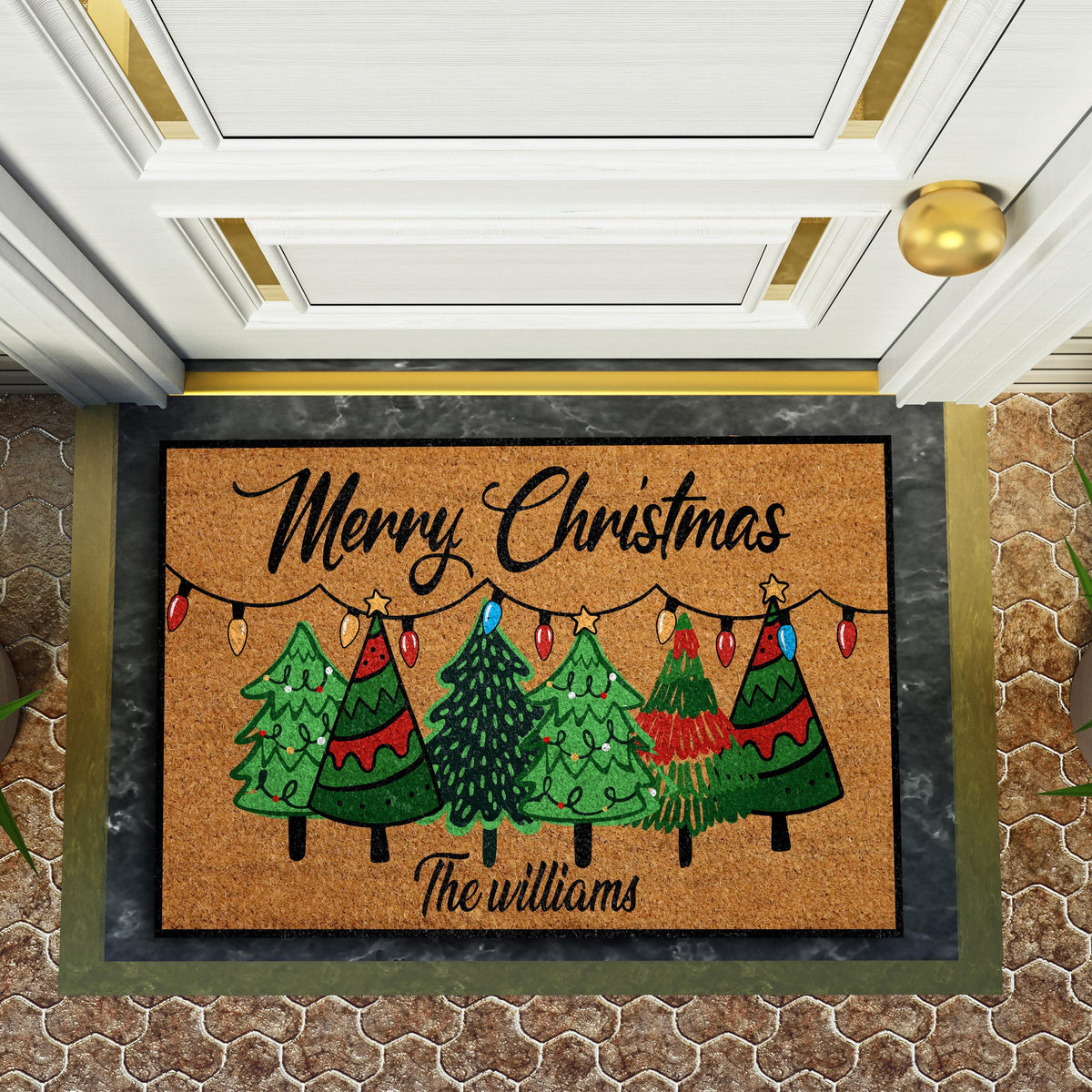 Personalized Merry Christmas Welcome Mat, Custom Family Name Christmas Trees Doormat