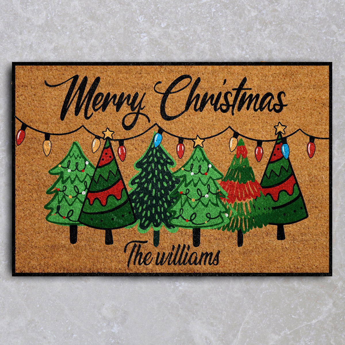 Personalized Merry Christmas Welcome Mat, Custom Family Name Christmas Trees Doormat