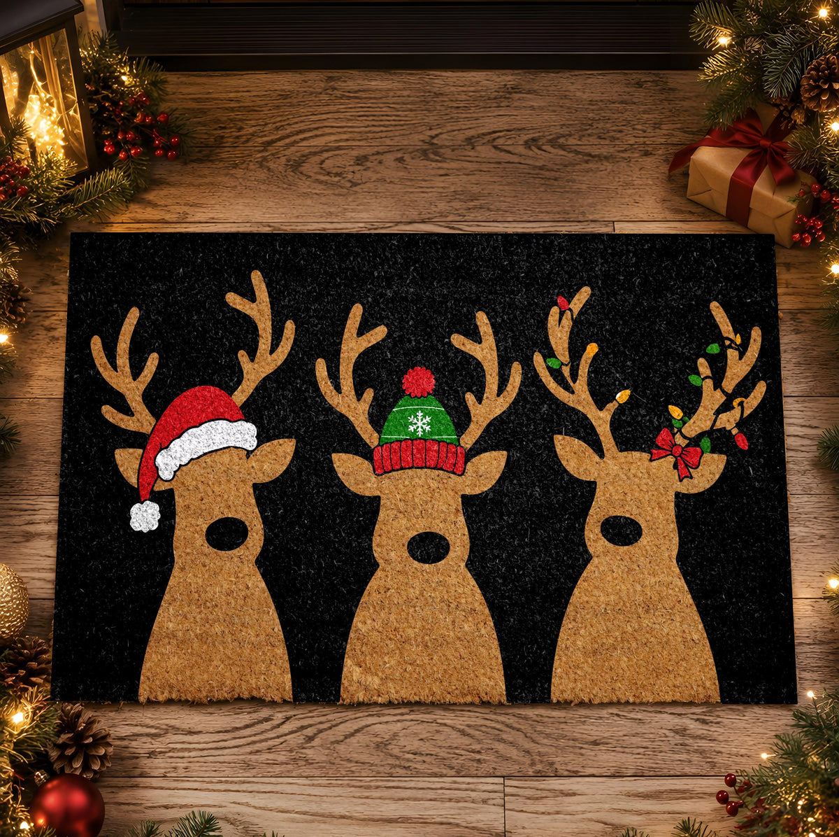Cute Reindeers Family Design Welcome Mat, Winter Festive Santa Hat Doormat