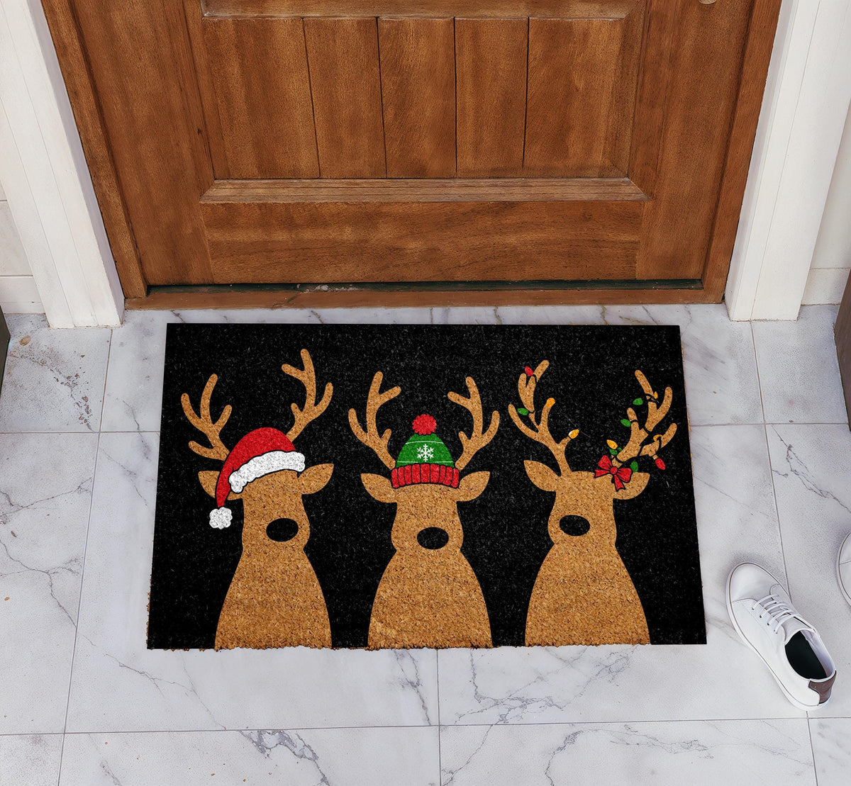 Cute Reindeers Family Design Welcome Mat, Winter Festive Santa Hat Doormat