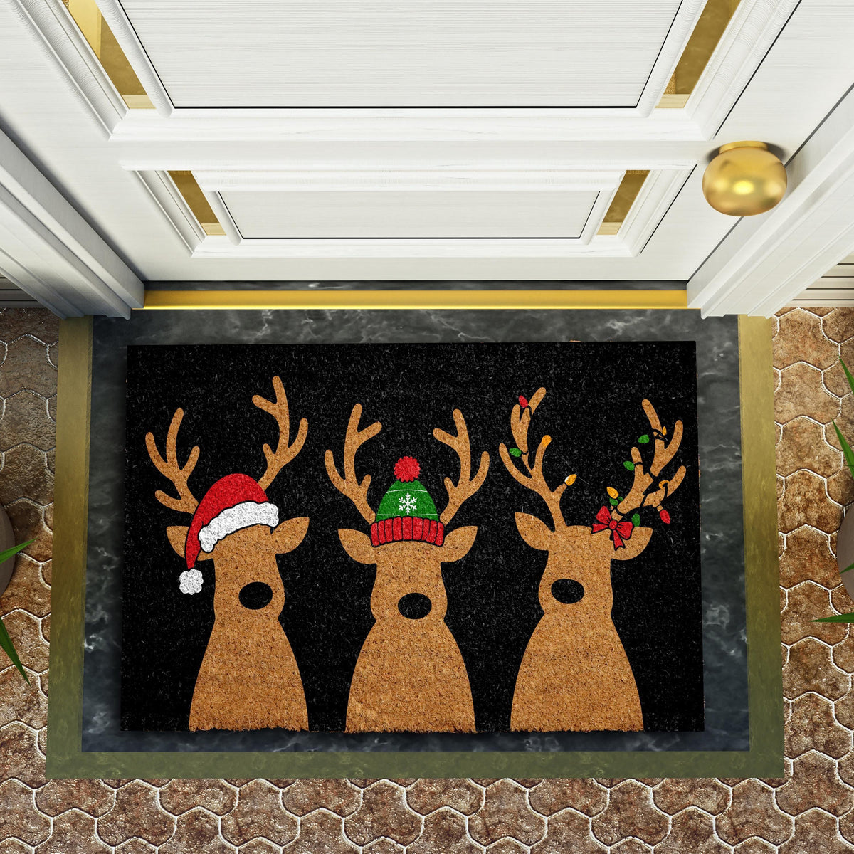 Cute Reindeers Family Design Welcome Mat, Winter Festive Santa Hat Doormat