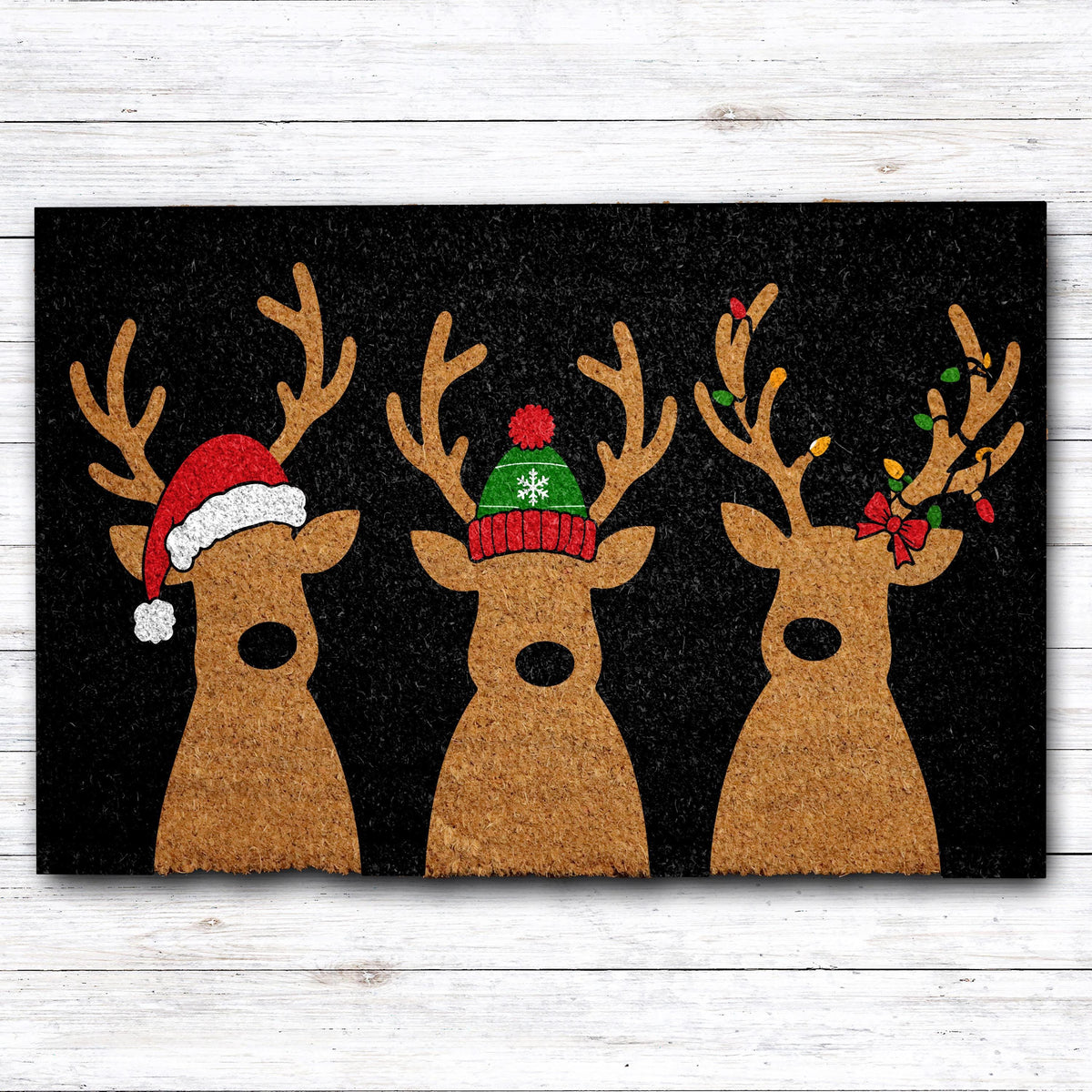 Cute Reindeers Family Design Welcome Mat, Winter Festive Santa Hat Doormat