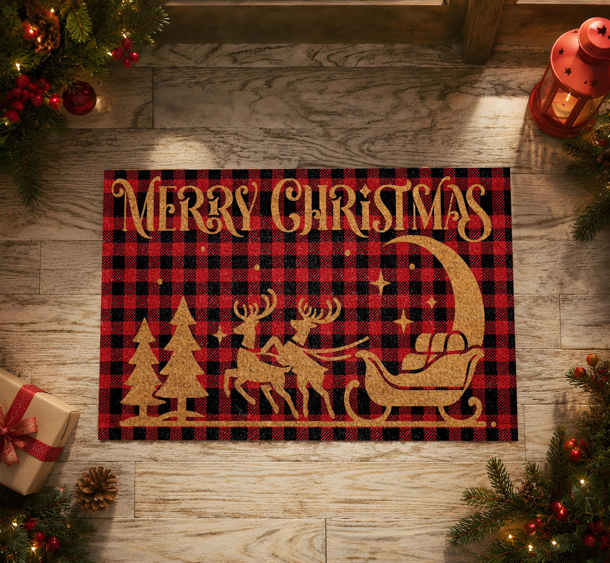 Red Buffalo Plaid Santa Sleigh Doormat, Merry Christmas Welcome Mat