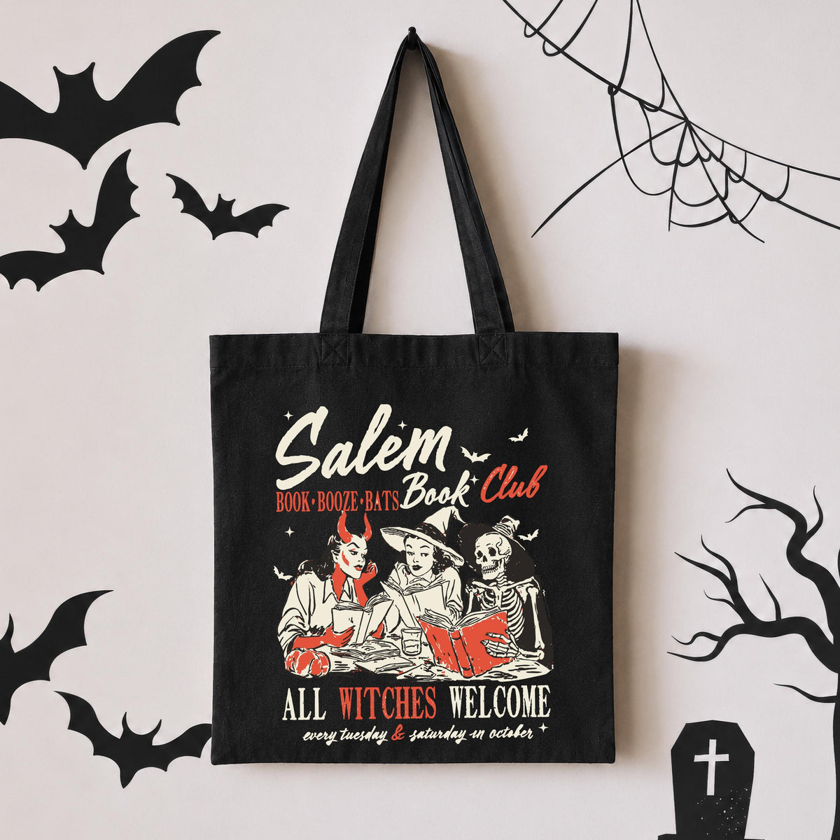 Reading Witches Tote Bag, Spooky Book Lover Tote, Halloween Gift Tote Bag