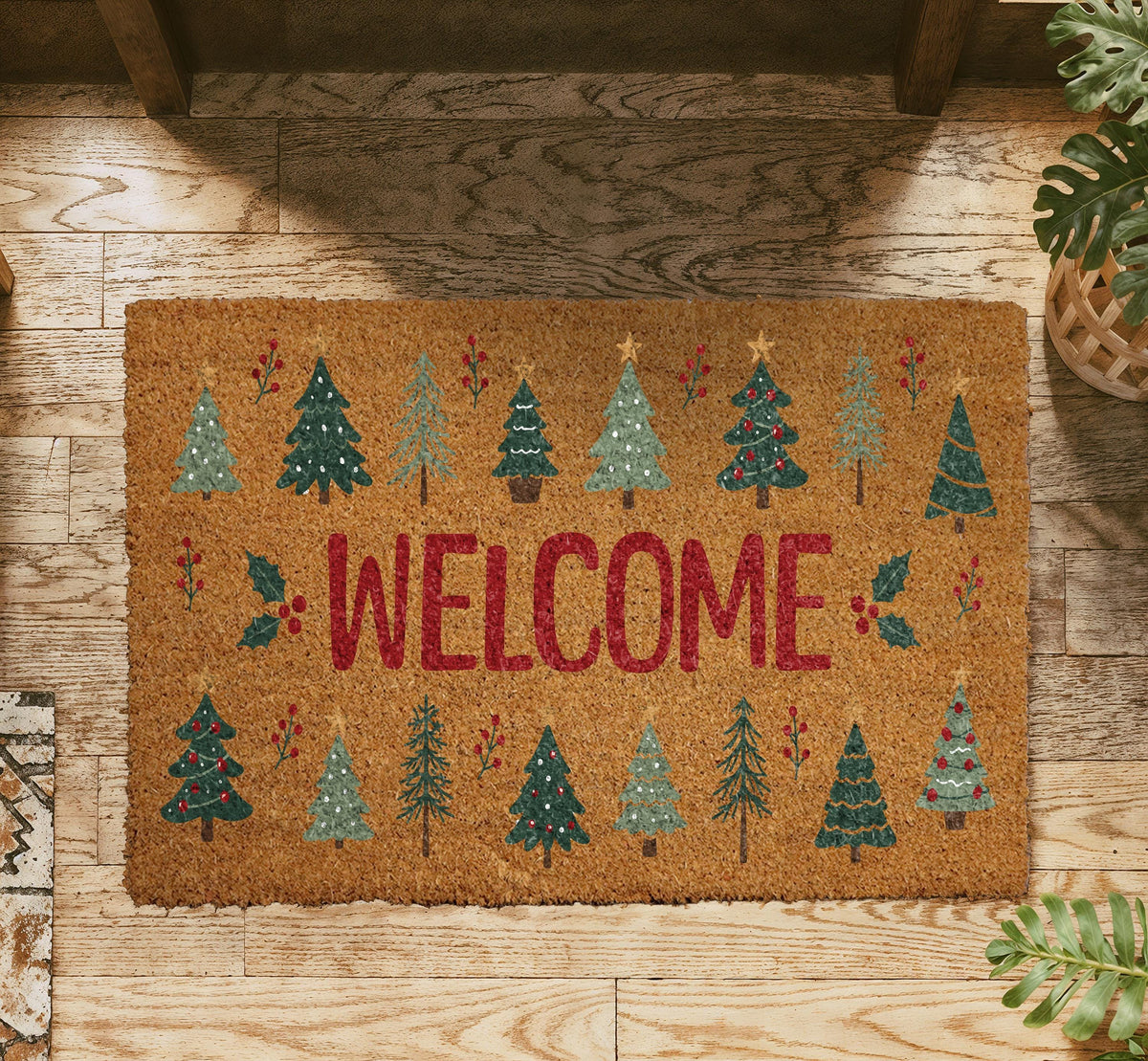 Personalized Christmas Tree Welcome Mat, Coir Doormat, Rustic Holiday Decor