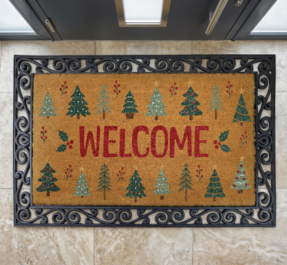 Personalized Christmas Tree Welcome Mat, Coir Doormat, Rustic Holiday Decor