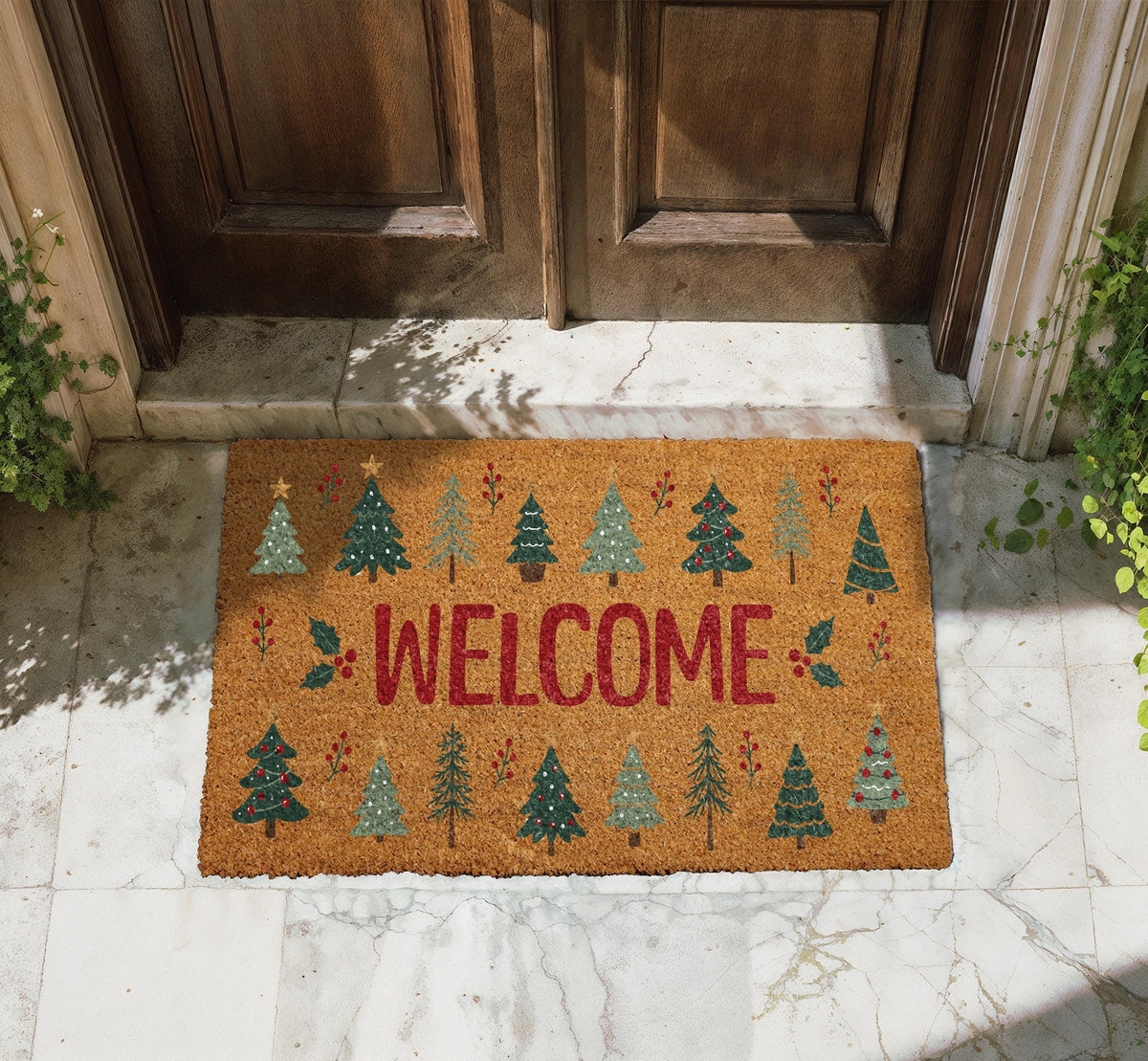 Personalized Christmas Tree Welcome Mat, Coir Doormat, Rustic Holiday Decor