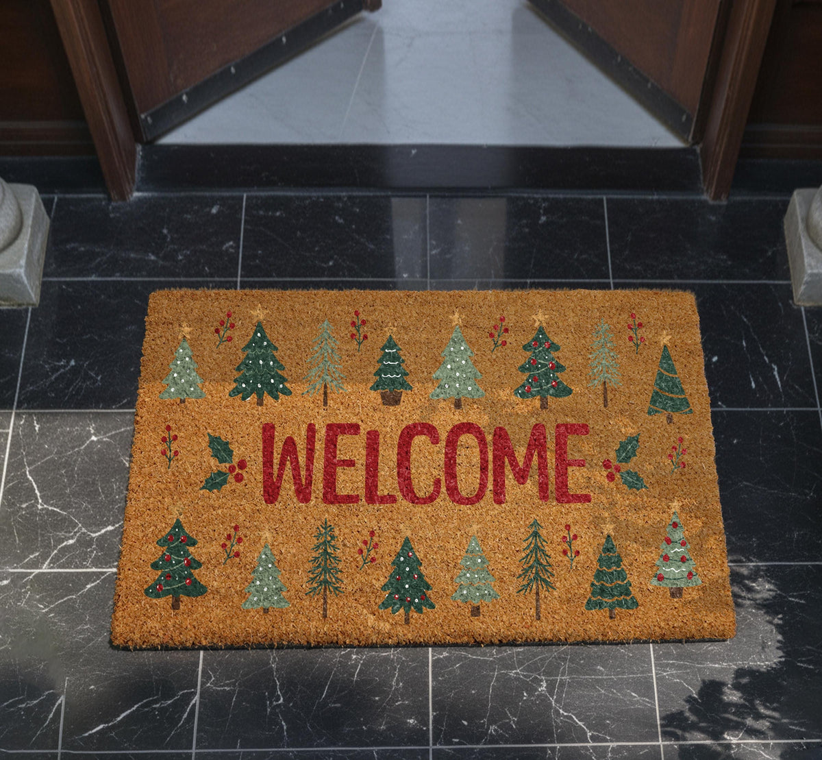 Personalized Christmas Tree Welcome Mat, Coir Doormat, Rustic Holiday Decor
