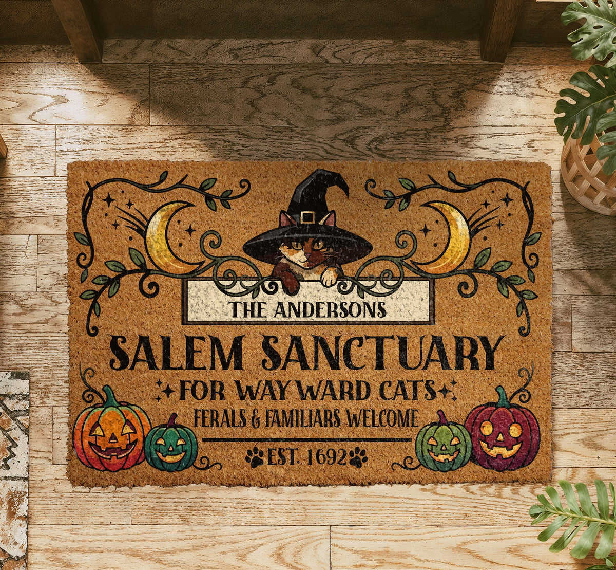 Personalized Halloween Cat Doormat, Salem Sanctuary Welcome Mat, Witchy Cat Front Porch Decor