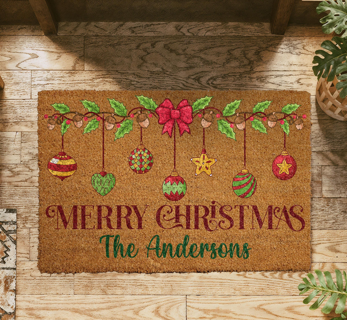 Personalized Family Name Christmas Doormat, Coir Welcome Mat, Holiday Porch Decor
