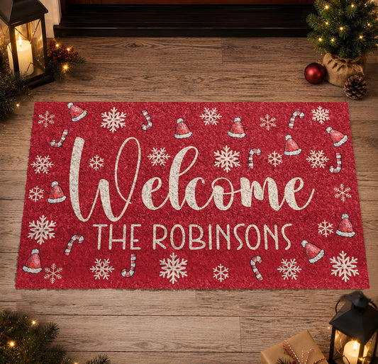 Custom Red Christmas Doormat, Santa Hat Snowflake Welcome Mat (Family Name)