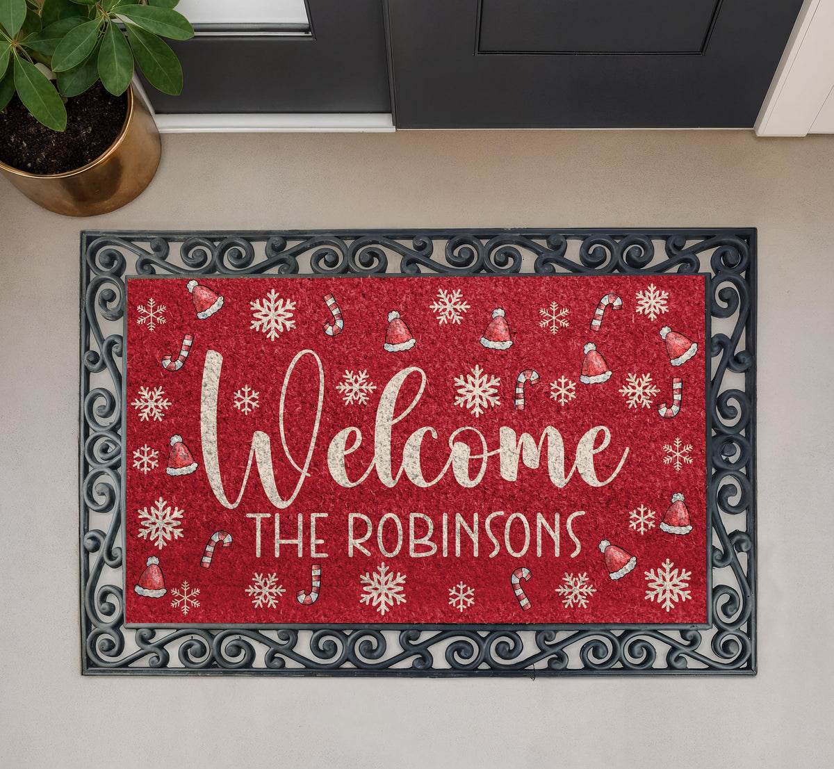Custom Red Christmas Doormat, Santa Hat Snowflake Welcome Mat (Family Name)