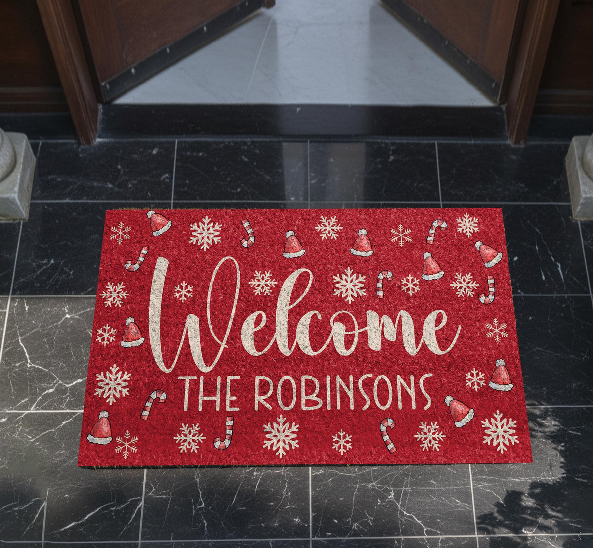 Custom Red Christmas Doormat, Santa Hat Snowflake Welcome Mat (Family Name)