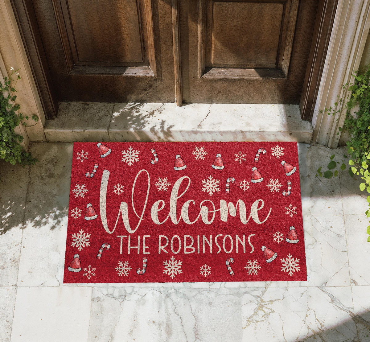 Custom Red Christmas Doormat, Santa Hat Snowflake Welcome Mat (Family Name)