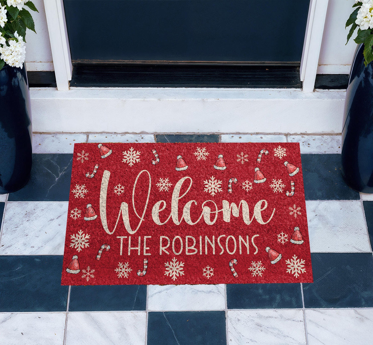 Custom Red Christmas Doormat, Santa Hat Snowflake Welcome Mat (Family Name)