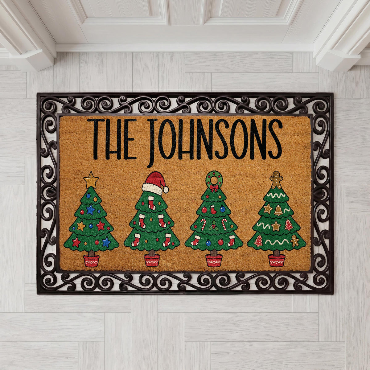 Personalized Christmas Tree Doormat, Custom Family Name Holiday Welcome Mat, Festive Front Porch Decor