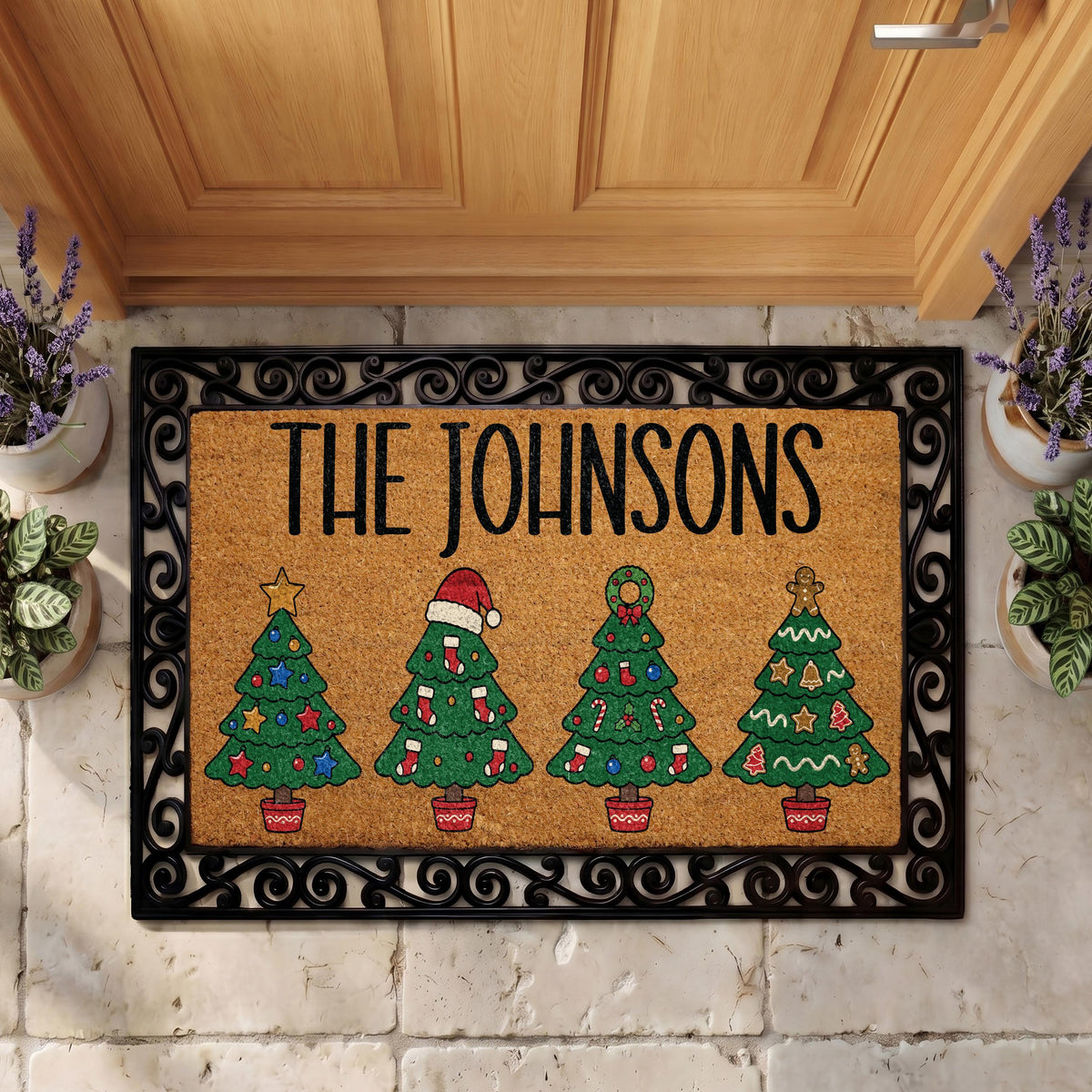 Personalized Christmas Tree Doormat, Custom Family Name Holiday Welcome Mat, Festive Front Porch Decor