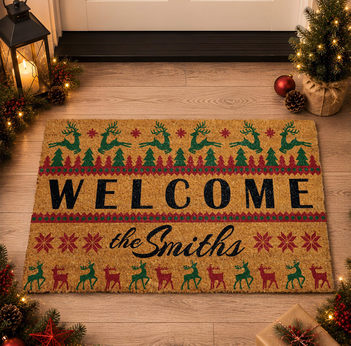 Custom Ugly Christmas Sweater Doormat, Reindeer Holiday Welcome Mat, Winter Festive Front Porch Decor