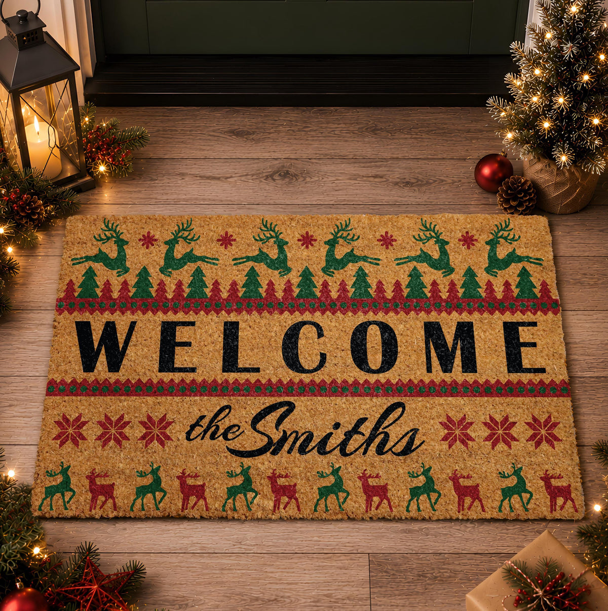 Custom Ugly Christmas Sweater Doormat, Reindeer Holiday Welcome Mat, Winter Festive Front Porch Decor