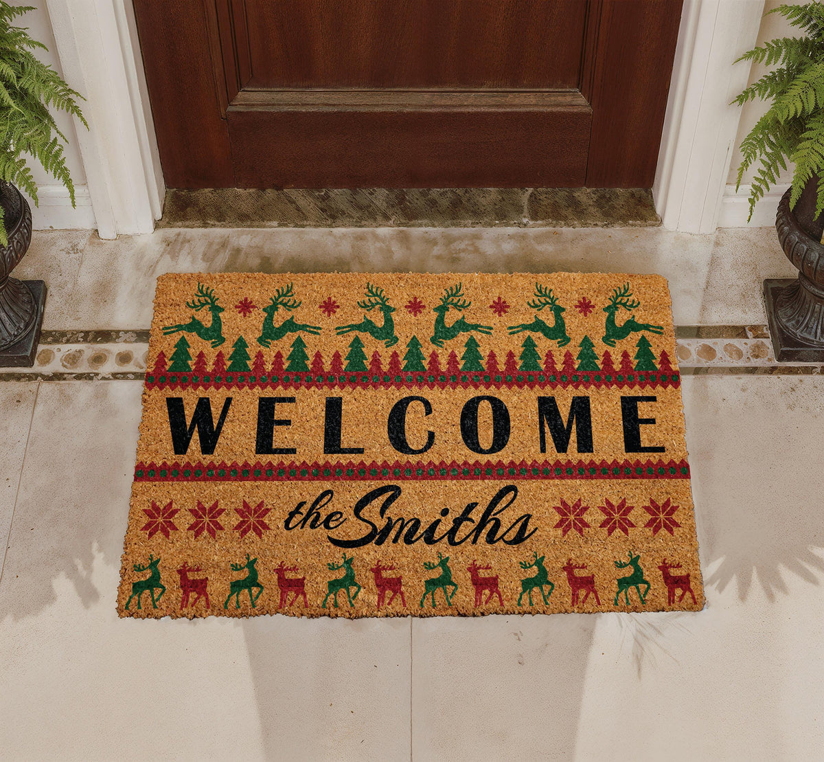 Custom Ugly Christmas Sweater Doormat, Reindeer Holiday Welcome Mat, Winter Festive Front Porch Decor
