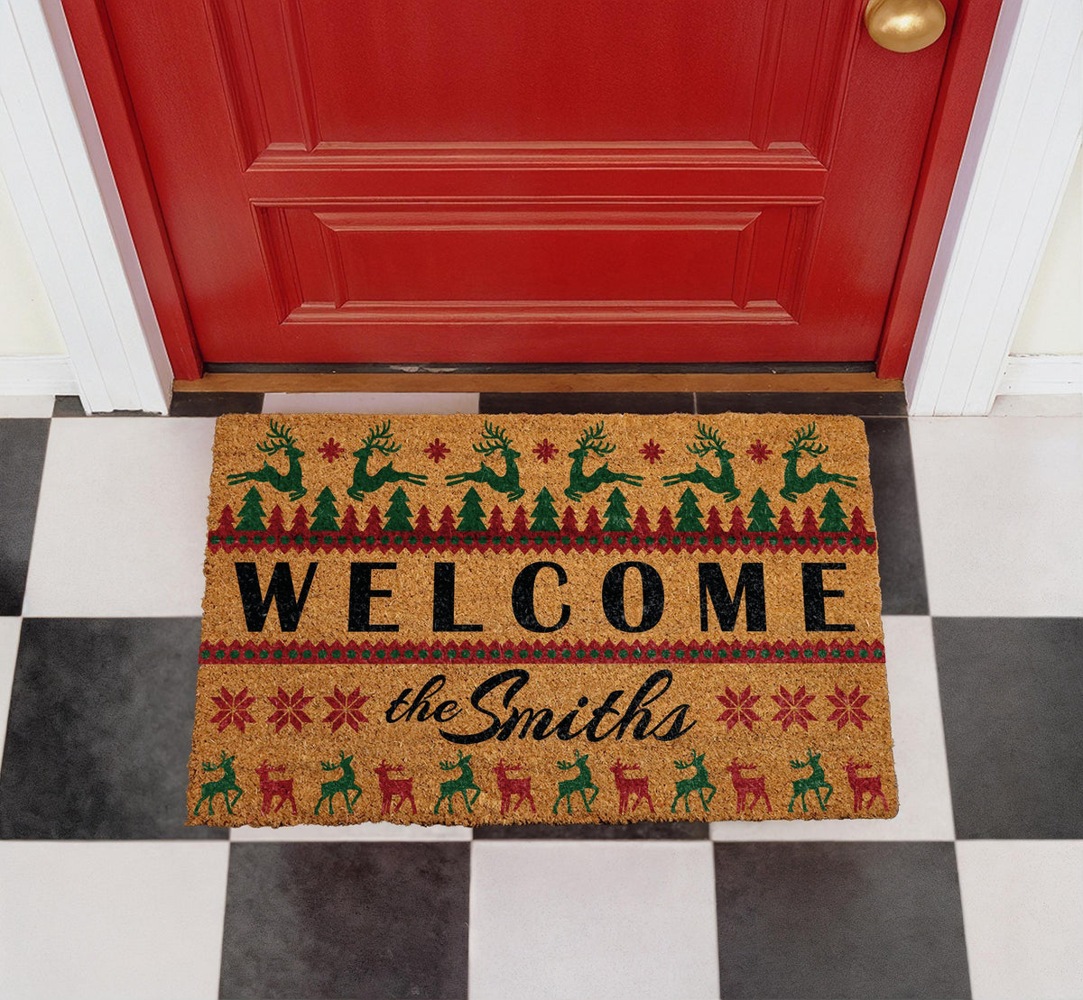 Custom Ugly Christmas Sweater Doormat, Reindeer Holiday Welcome Mat, Winter Festive Front Porch Decor