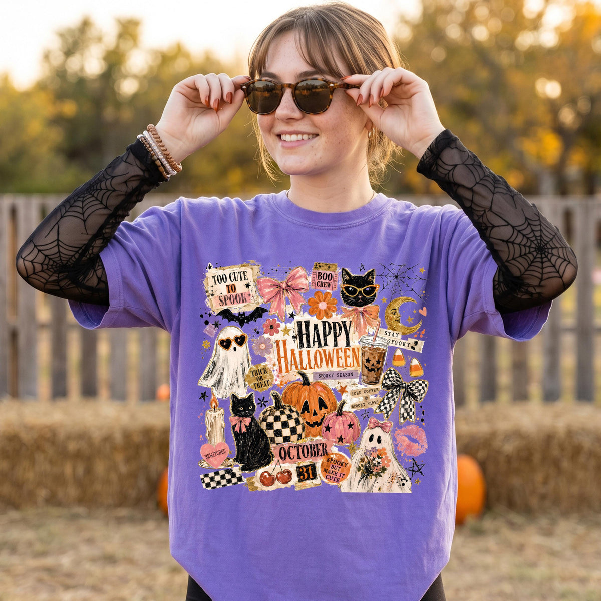 Spooky Ghost Comfort Colors® Shirt, Happy Halloween Cat T-Shirt, Pumpkin Season Women Gift