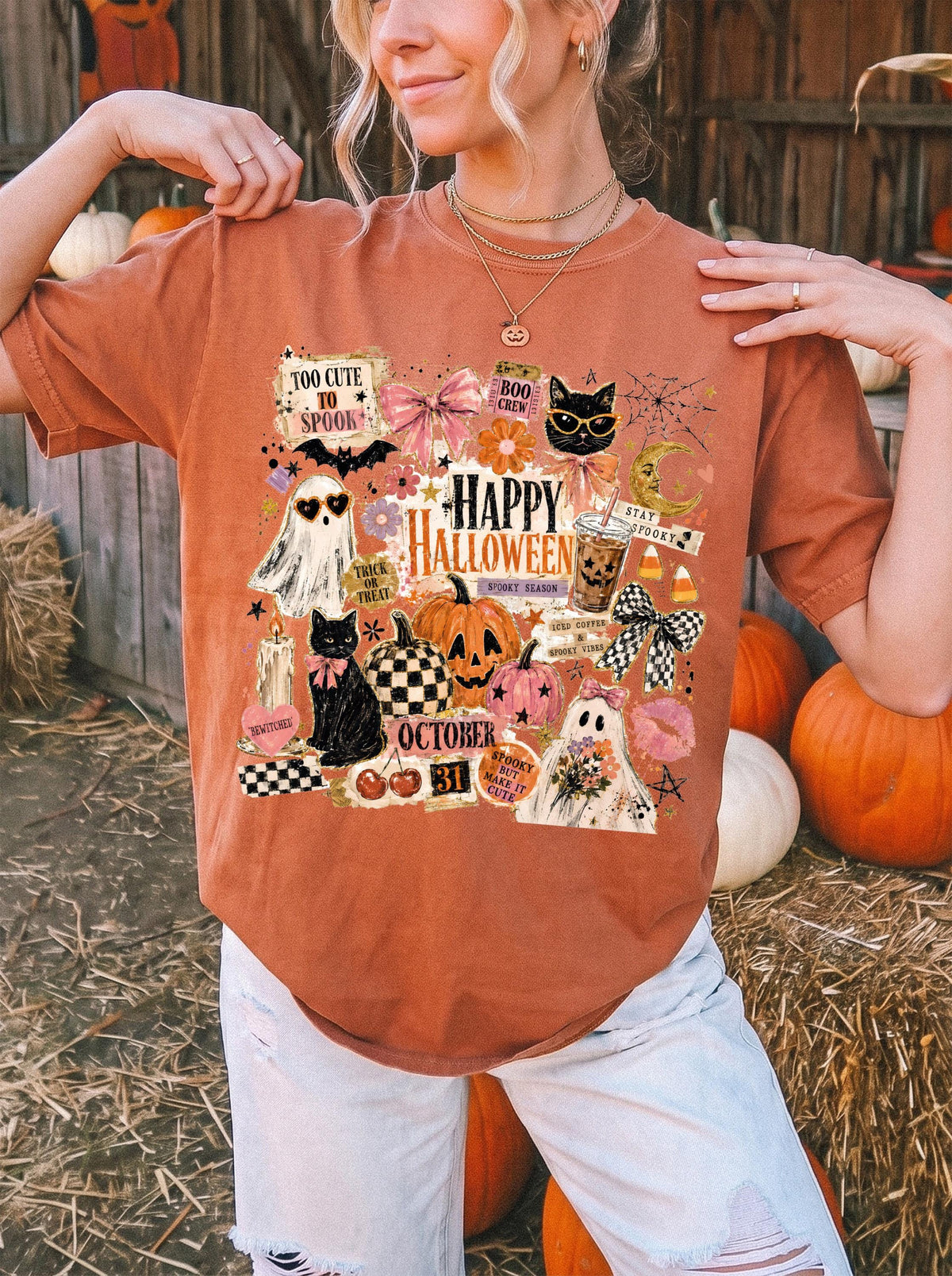 Spooky Ghost Comfort Colors® Shirt, Happy Halloween Cat T-Shirt, Pumpkin Season Women Gift