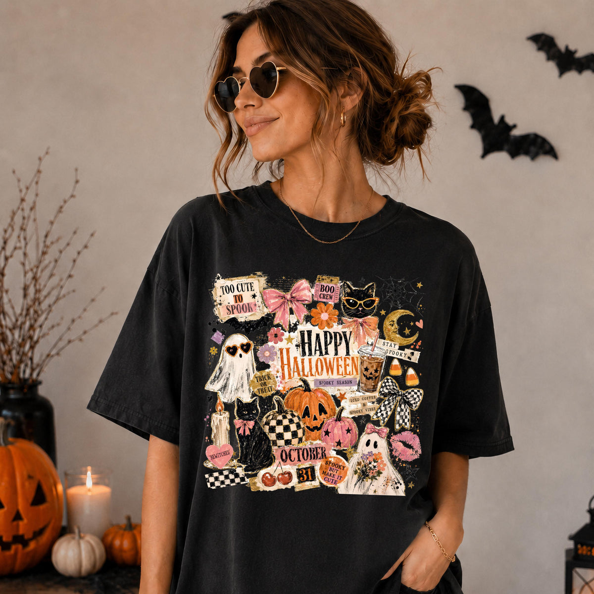 Spooky Ghost Comfort Colors® Shirt, Happy Halloween Cat T-Shirt, Pumpkin Season Women Gift