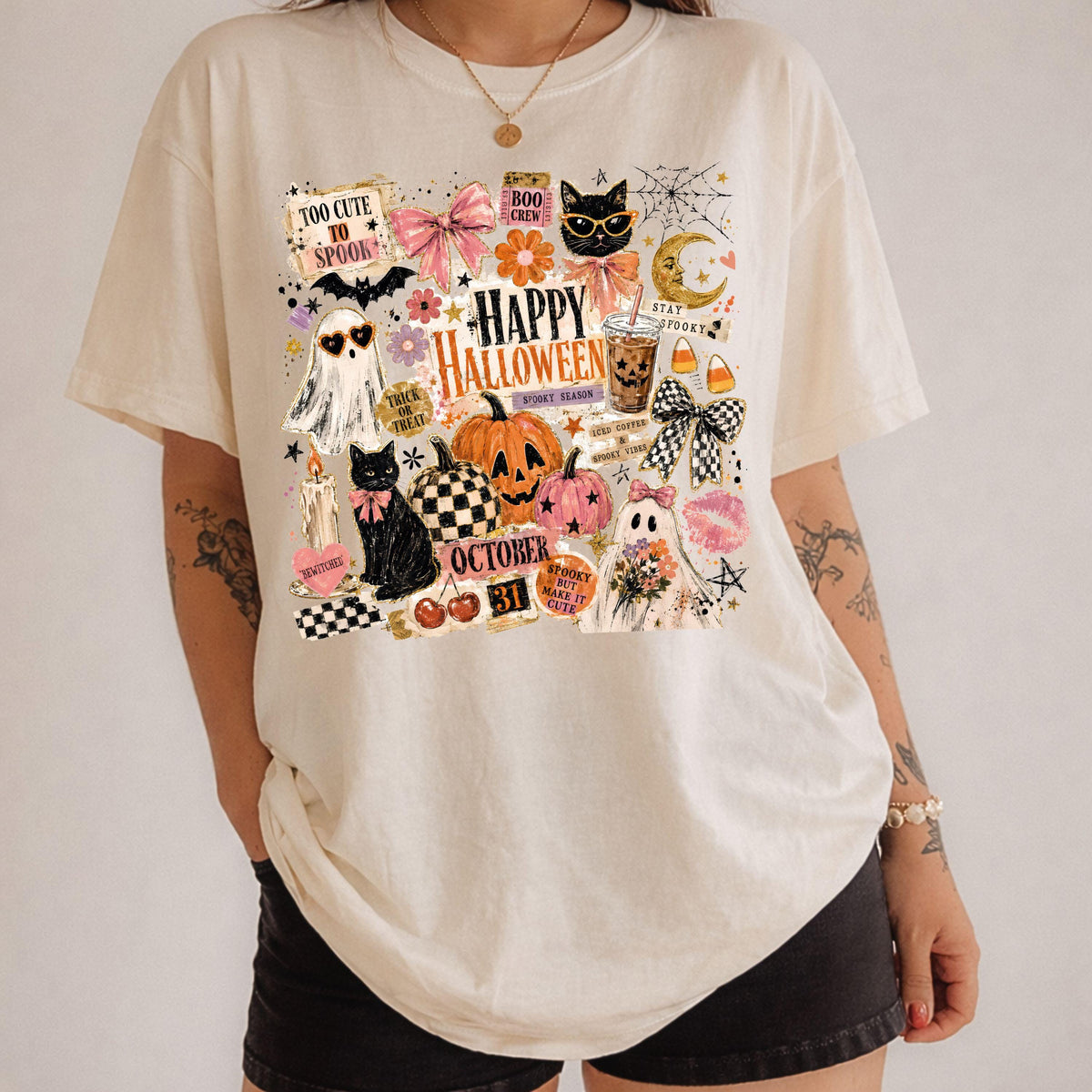 Spooky Ghost Comfort Colors® Shirt, Happy Halloween Cat T-Shirt, Pumpkin Season Women Gift