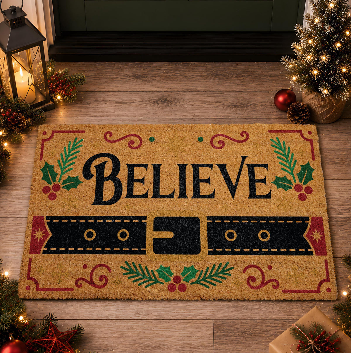Believe Christmas Doormat, Santa Belt Welcome Mat, Festive Porch Decor