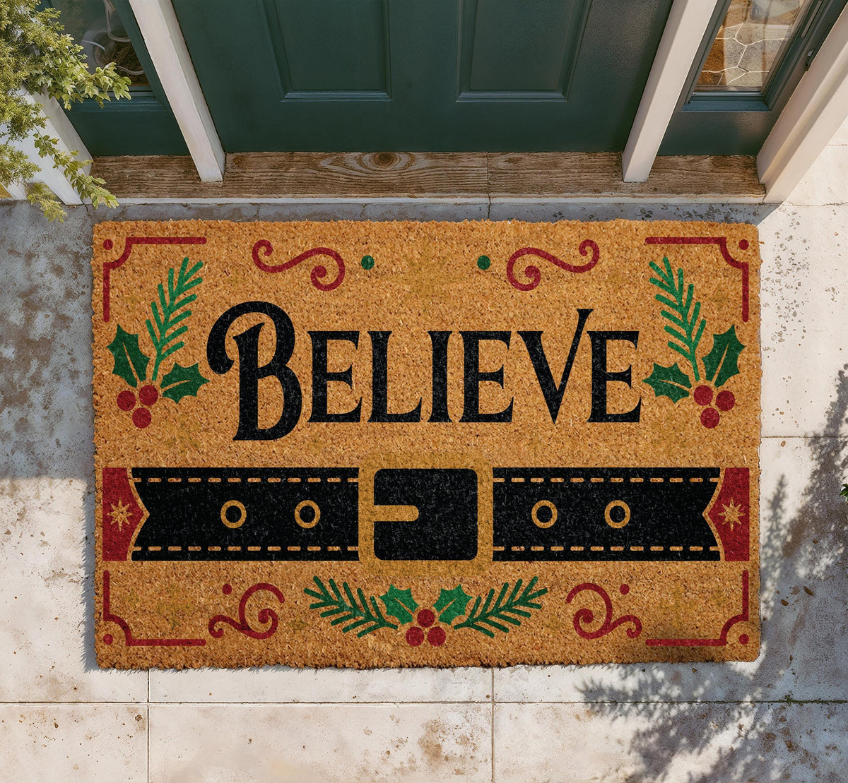 Believe Christmas Doormat, Santa Belt Welcome Mat, Festive Porch Decor